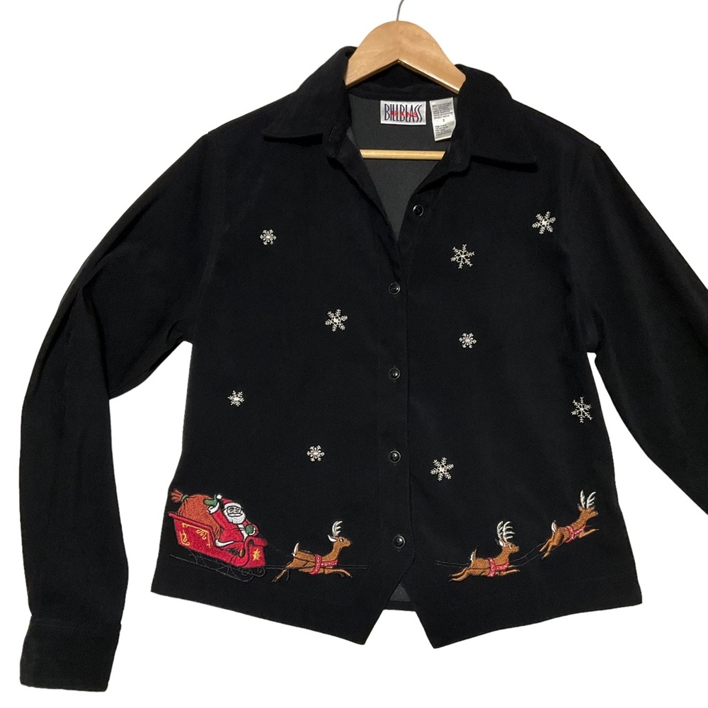 BILL BLASS sz Small Blouse Holiday Button Front Top Embroidered Santa Reindeer